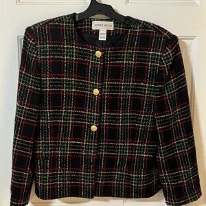 Vintage Women’s Wool Blazer Sz12 Black Red Green Tartan Plaid 80s 90s Christmas
